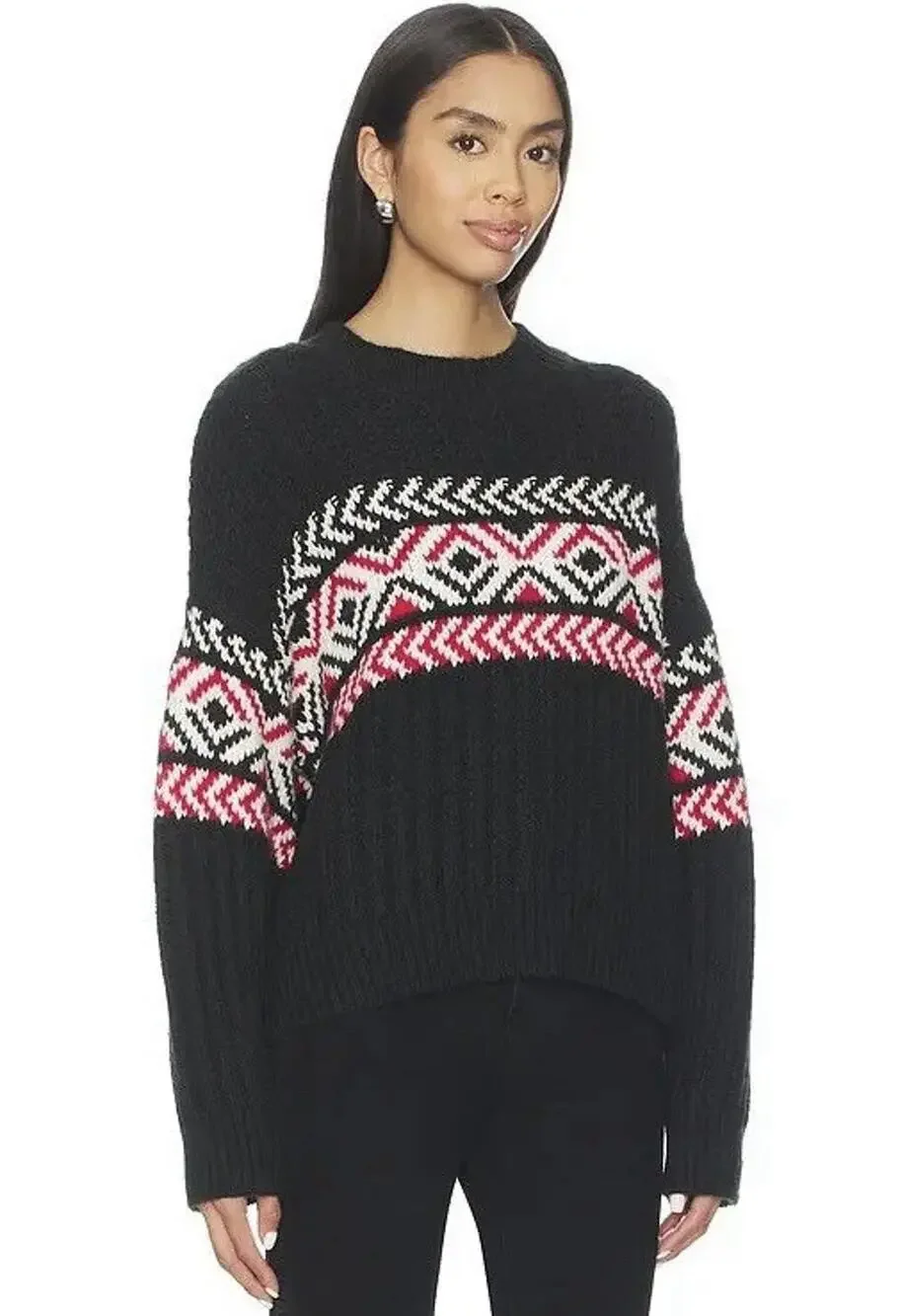 Sanctuary Intarsia Black Red and White Fair Isle Sweater M NWT